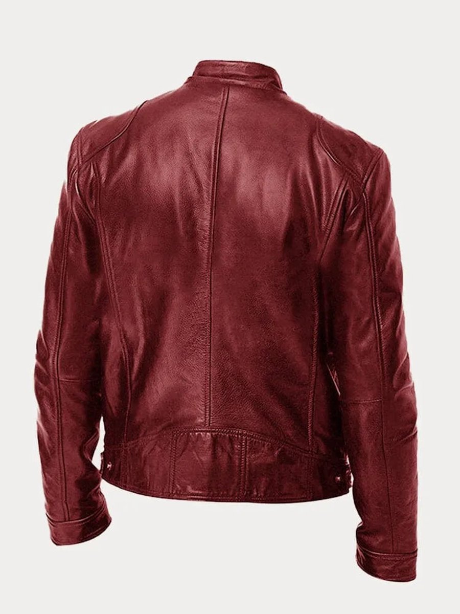 Men's Moto Jacket with Stand Collar and Multiple Zip Pockets