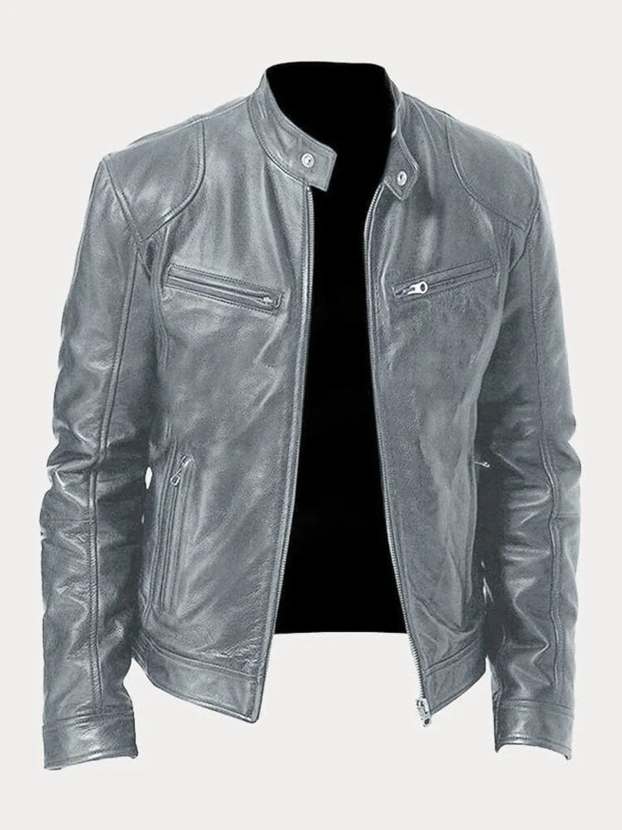 Men's Moto Jacket with Stand Collar and Multiple Zip Pockets