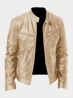 Men's Moto Jacket with Stand Collar and Multiple Zip Pockets