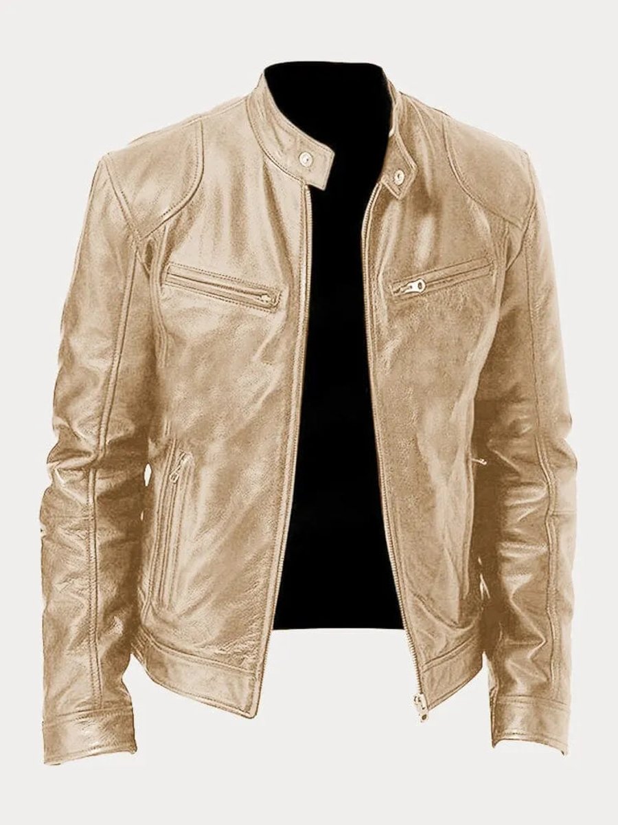 Men's Moto Jacket with Stand Collar and Multiple Zip Pockets