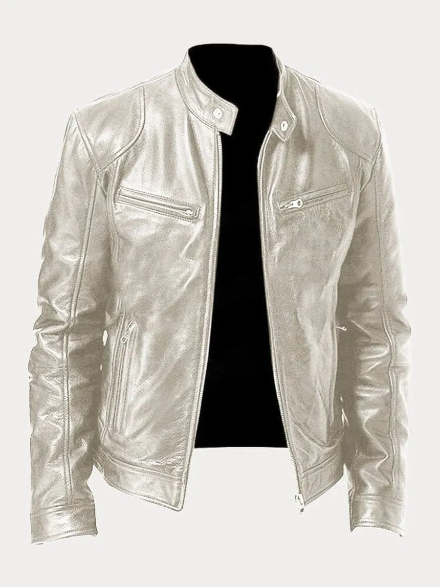 Men's Moto Jacket with Stand Collar and Multiple Zip Pockets