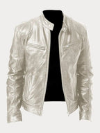 Men's Moto Jacket with Stand Collar and Multiple Zip Pockets