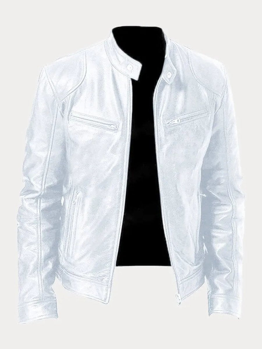 Men's Moto Jacket with Stand Collar and Multiple Zip Pockets