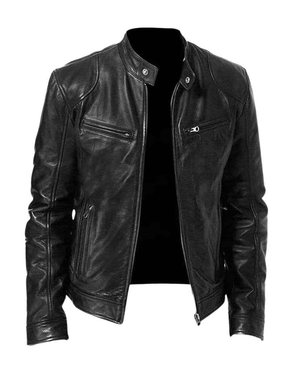 Men's Moto Jacket with Stand Collar and Multiple Zip Pockets