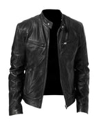 Men's Moto Jacket with Stand Collar and Multiple Zip Pockets