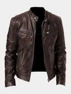 Men's Moto Jacket with Stand Collar and Multiple Zip Pockets