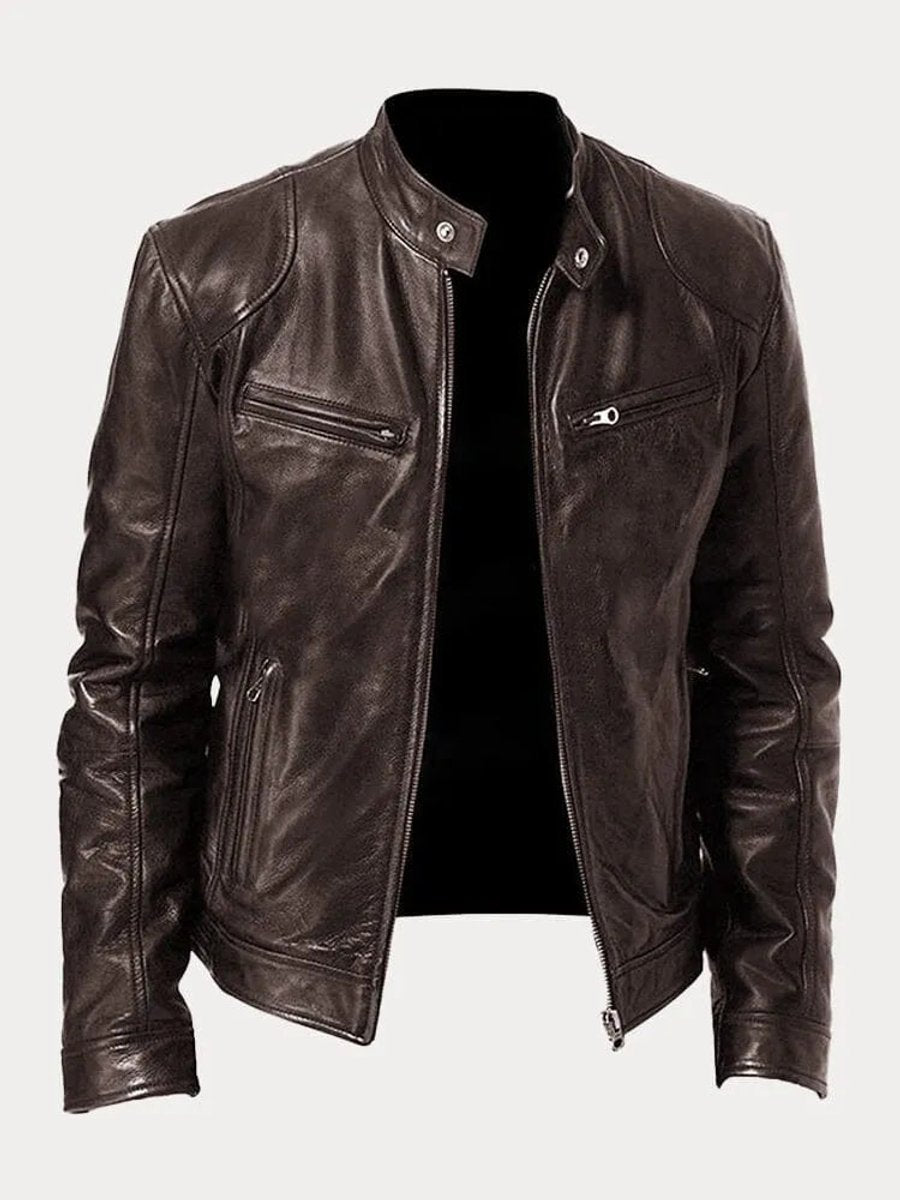Men's Moto Jacket with Stand Collar and Multiple Zip Pockets
