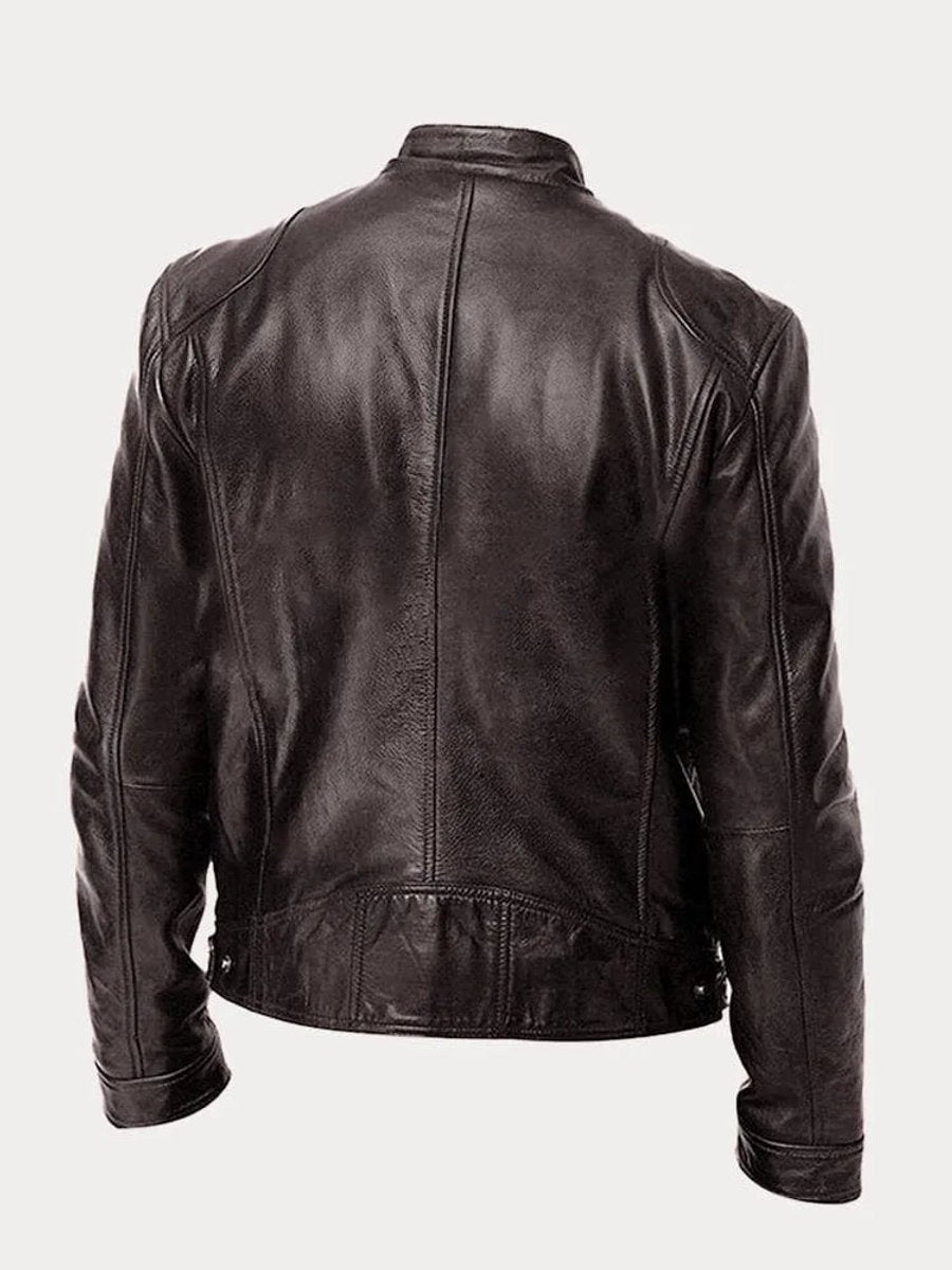Men's Moto Jacket with Stand Collar and Multiple Zip Pockets