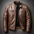 Men's Moto Jacket with Stand Collar and Multiple Zip Pockets