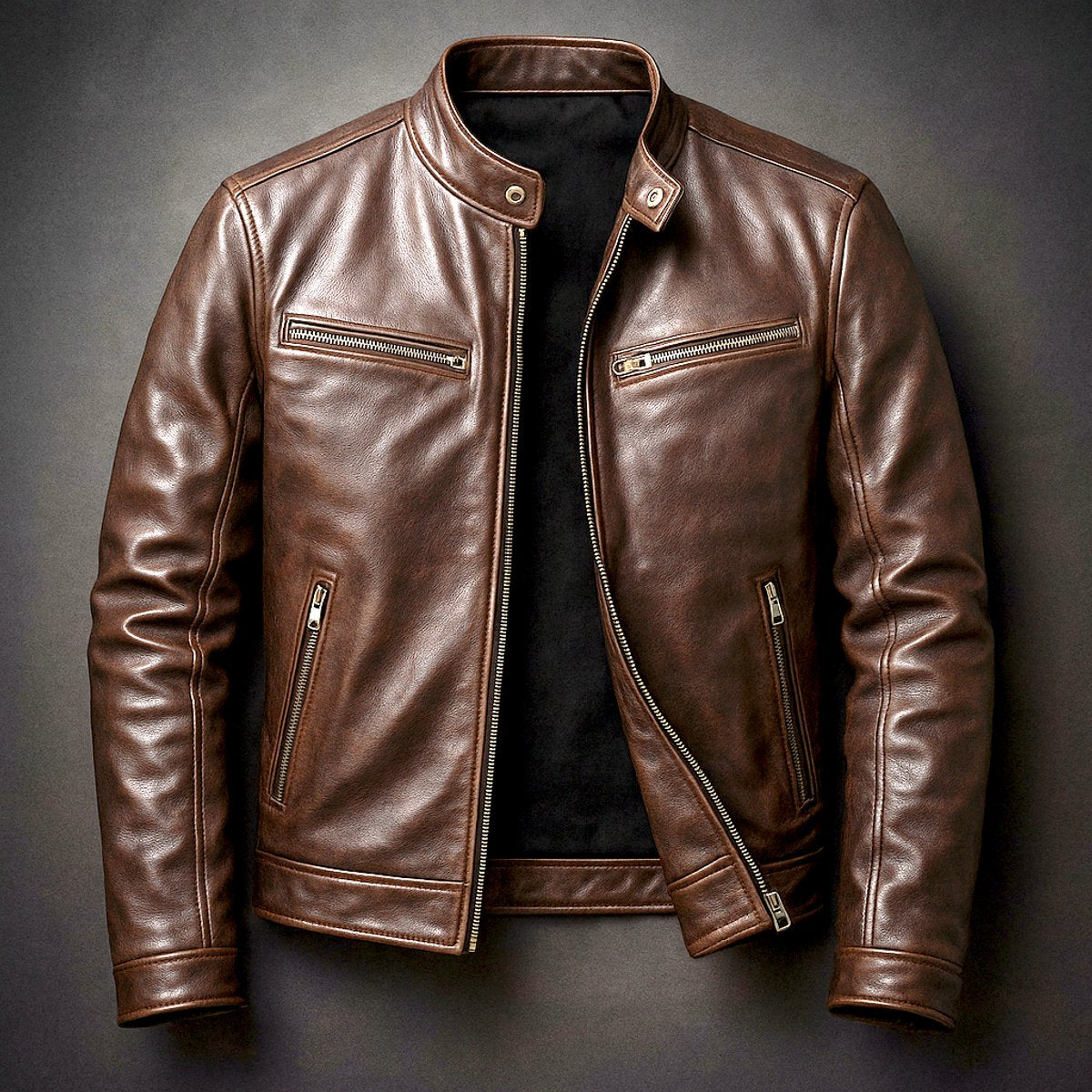Men's Moto Jacket with Stand Collar and Multiple Zip Pockets