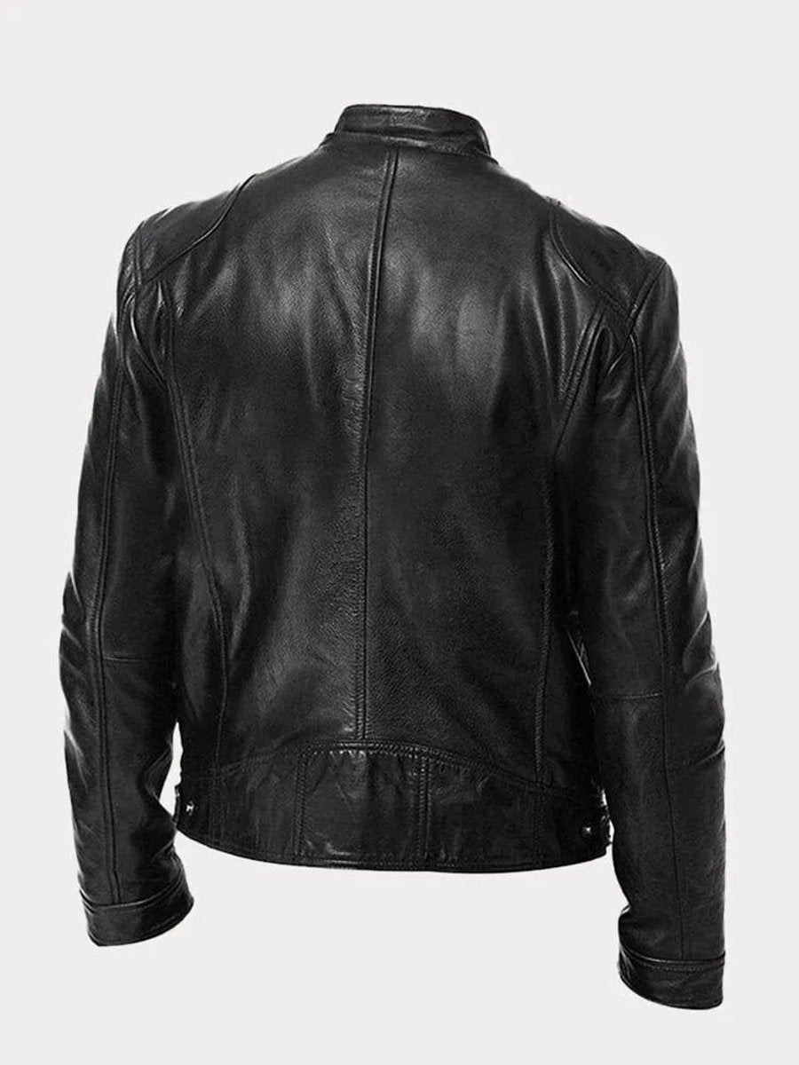 Men's Moto Jacket with Stand Collar and Multiple Zip Pockets
