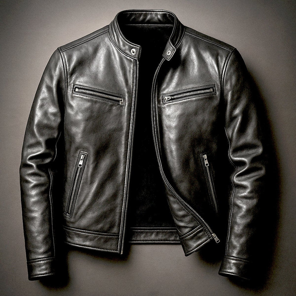 Men's Moto Jacket with Stand Collar and Multiple Zip Pockets