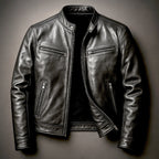 Men's Moto Jacket with Stand Collar and Multiple Zip Pockets