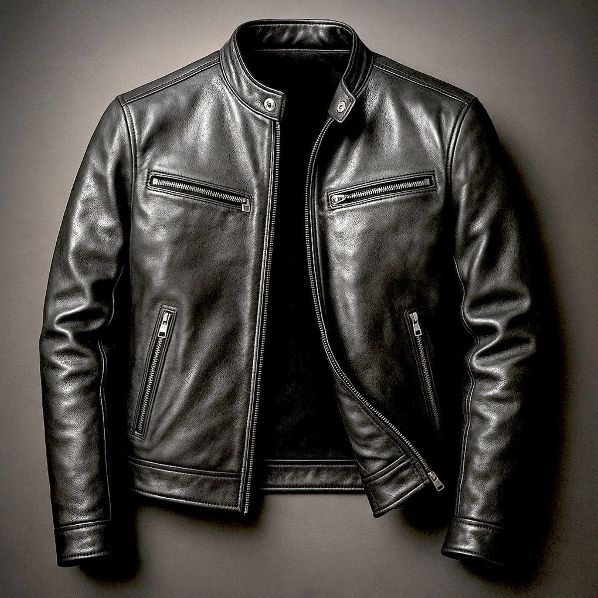 Men's Moto Jacket with Stand Collar and Multiple Zip Pockets