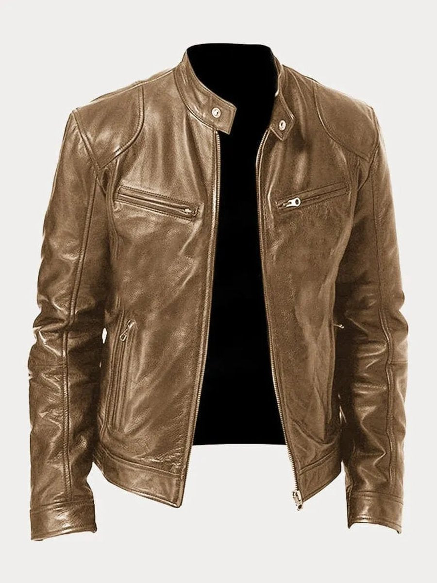 Men's Moto Jacket with Stand Collar and Multiple Zip Pockets
