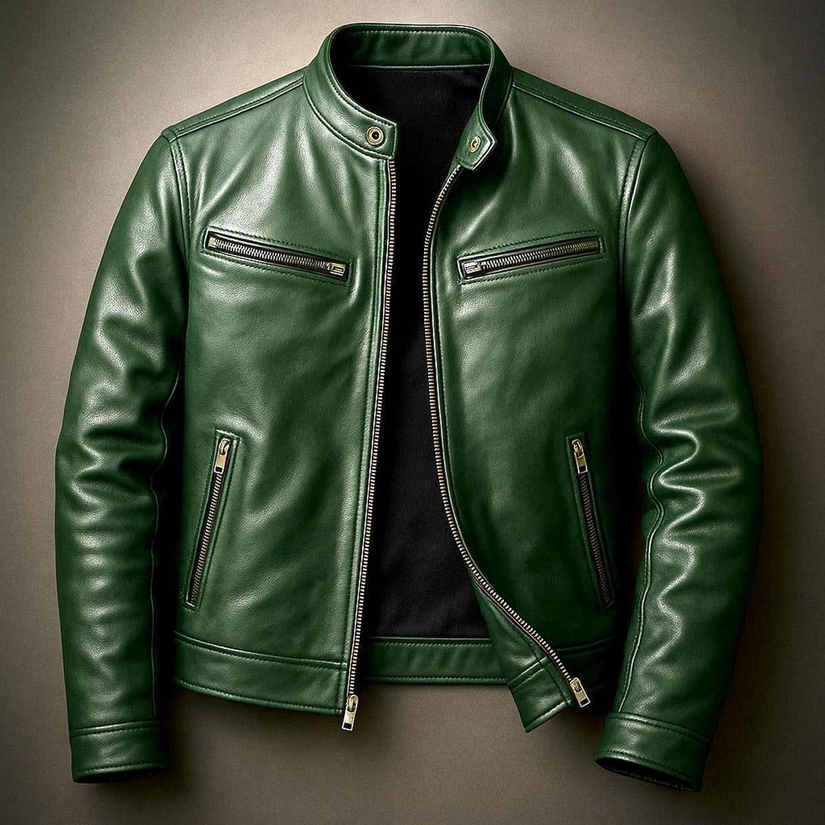 Men's Moto Jacket with Stand Collar and Multiple Zip Pockets