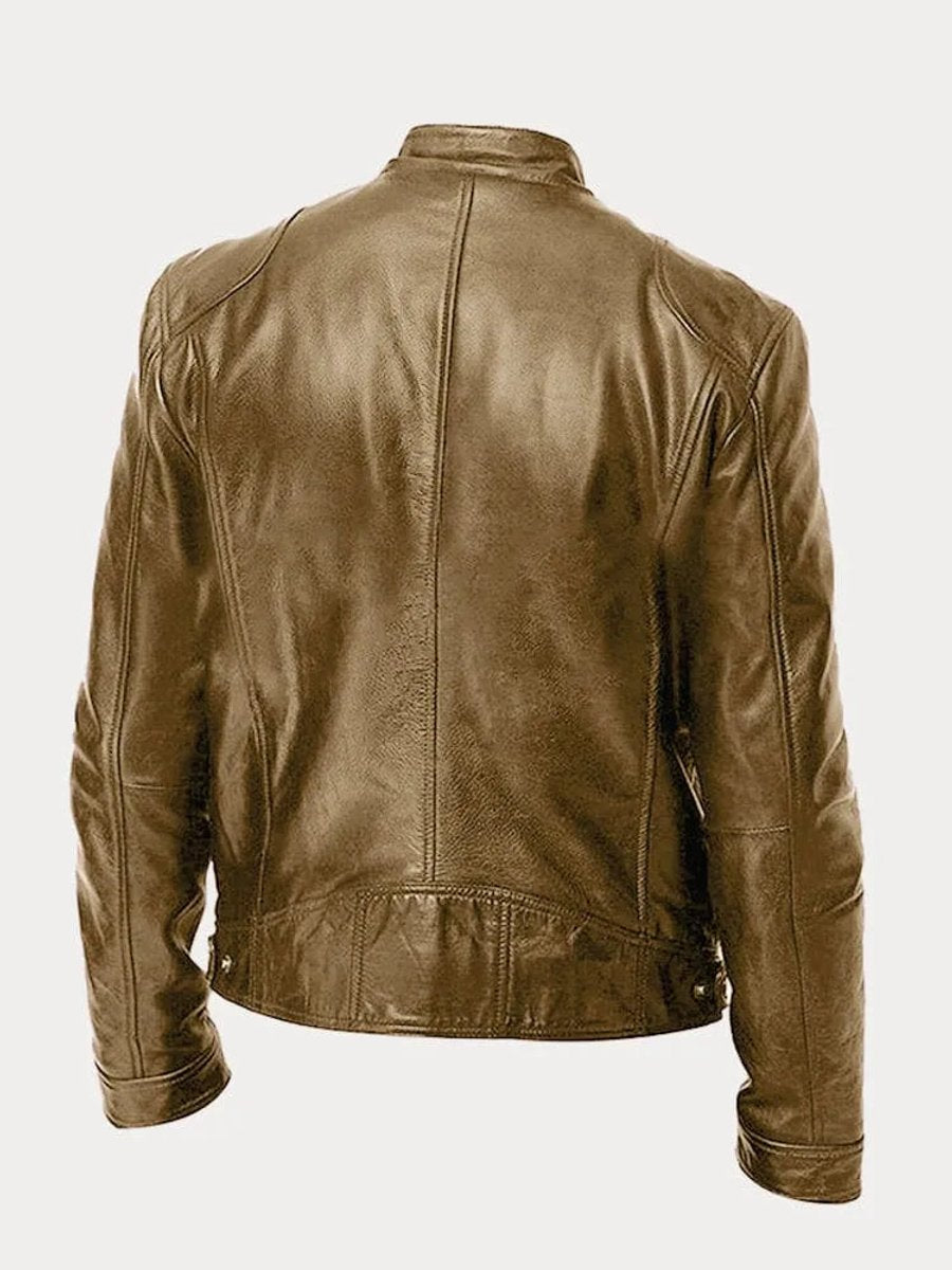 Men's Moto Jacket with Stand Collar and Multiple Zip Pockets