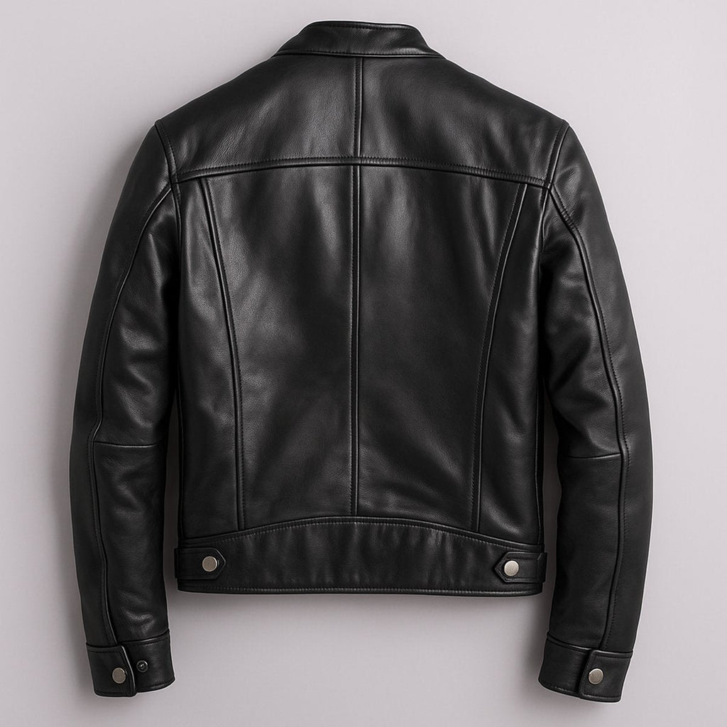 Men's Moto Jacket with Stand Collar and Multiple Zip Pockets