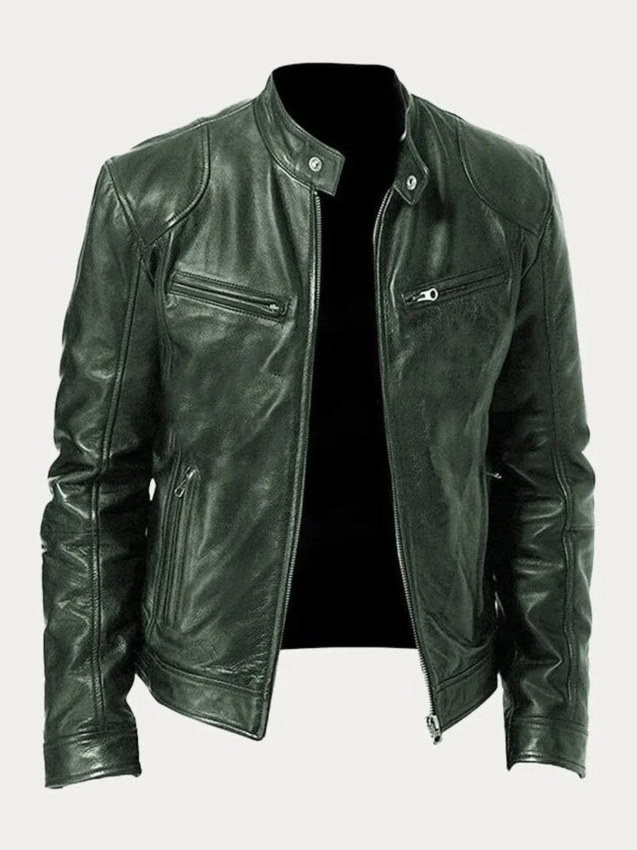 Men's Moto Jacket with Stand Collar and Multiple Zip Pockets