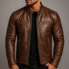 Men's Moto Jacket with Stand Collar and Multiple Zip Pockets