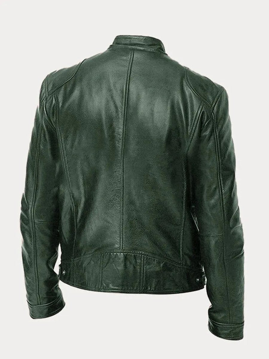 Men's Moto Jacket with Stand Collar and Multiple Zip Pockets