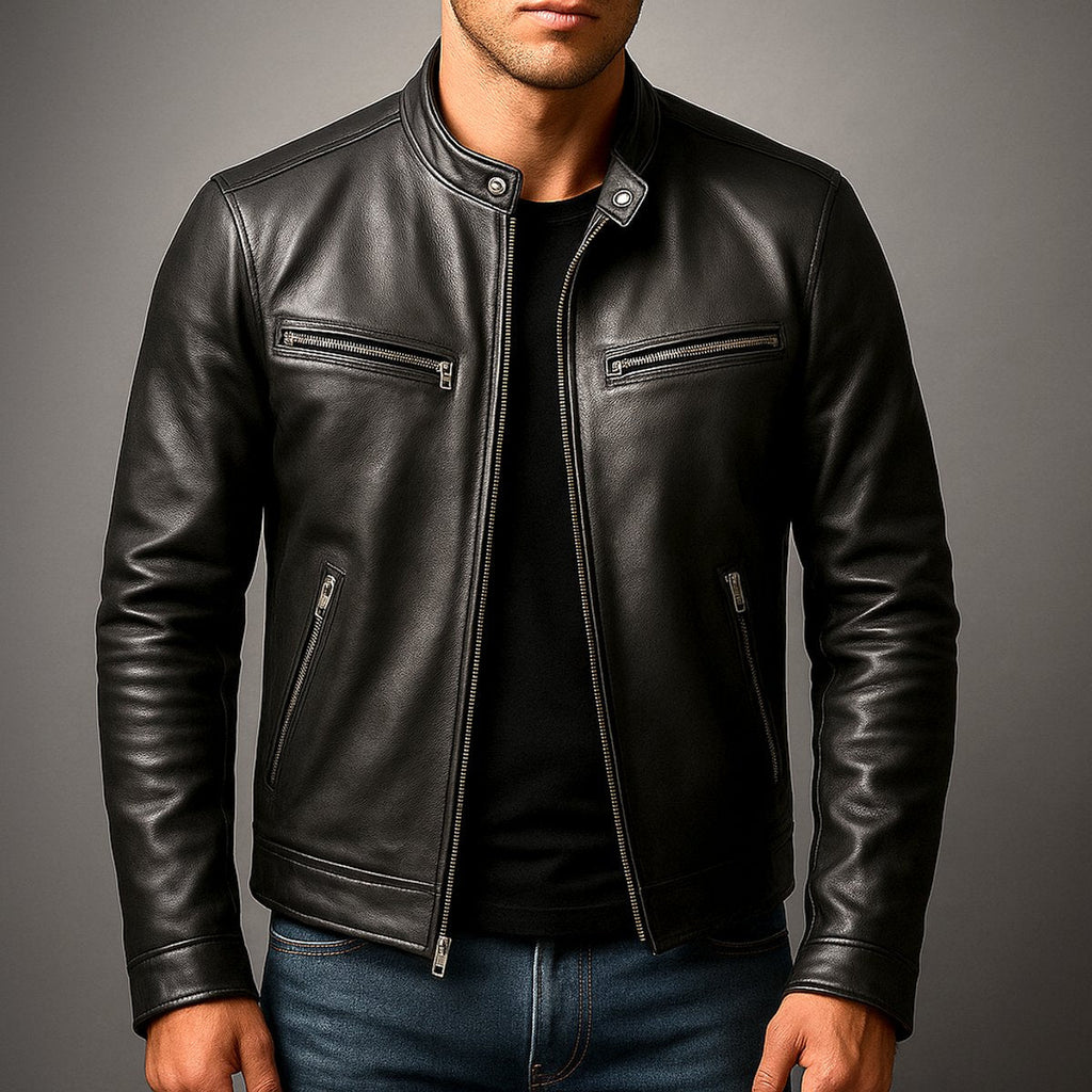 Men's Moto Jacket with Stand Collar and Multiple Zip Pockets