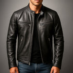 Men's Moto Jacket with Stand Collar and Multiple Zip Pockets