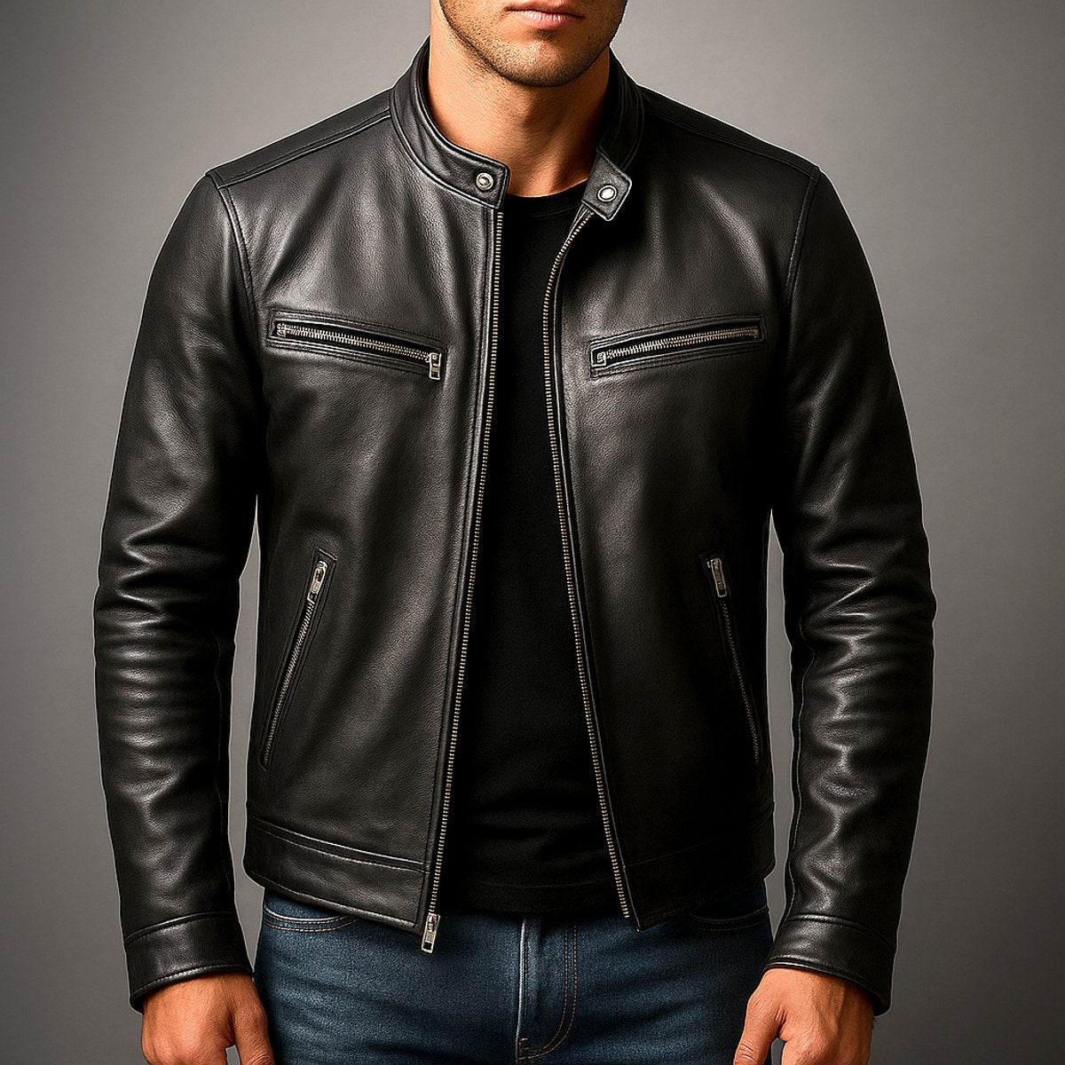 Men's Moto Jacket with Stand Collar and Multiple Zip Pockets