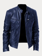Men's Moto Jacket with Stand Collar and Multiple Zip Pockets