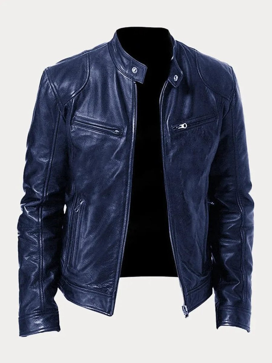 Men's Moto Jacket with Stand Collar and Multiple Zip Pockets