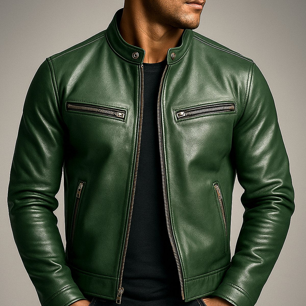 Men's Moto Jacket with Stand Collar and Multiple Zip Pockets