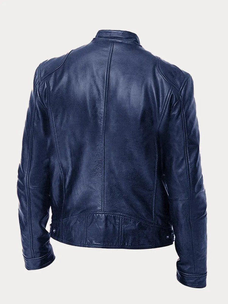 Men's Moto Jacket with Stand Collar and Multiple Zip Pockets