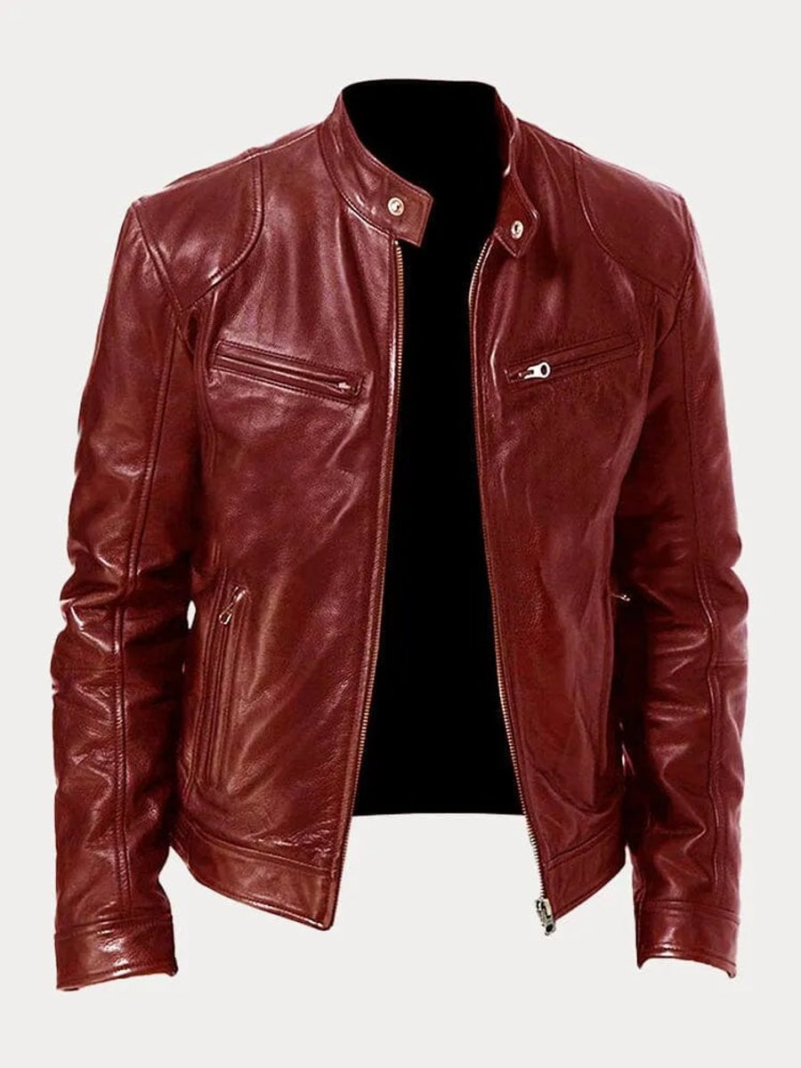 Men's Moto Jacket with Stand Collar and Multiple Zip Pockets