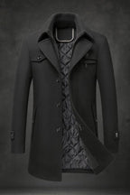 Men's Overcoat with Double Collar and Quilted Lining and Button-Front Closure