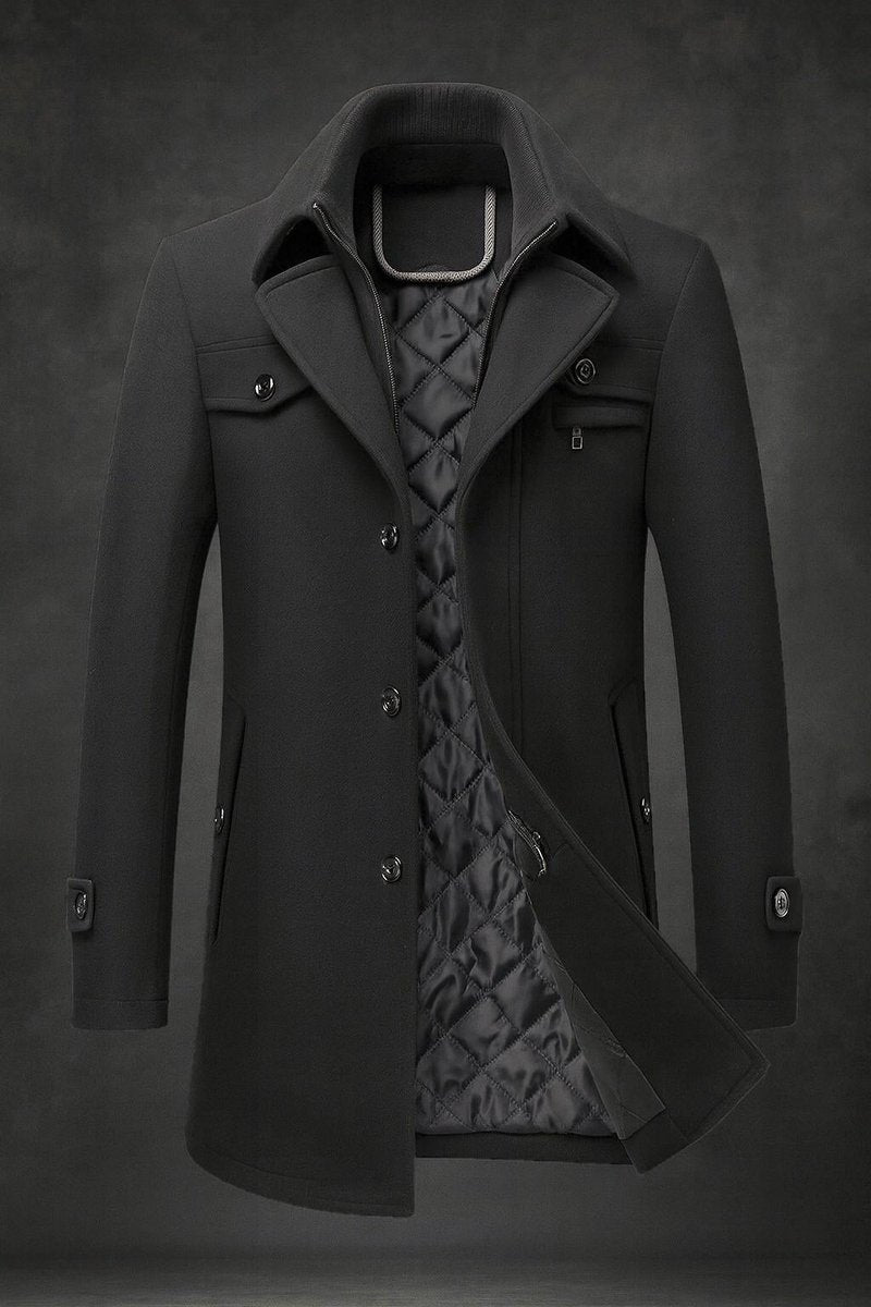 Men's Overcoat with Double Collar and Quilted Lining and Button-Front Closure