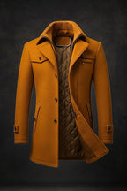 Men's Overcoat with Double Collar and Quilted Lining and Button-Front Closure