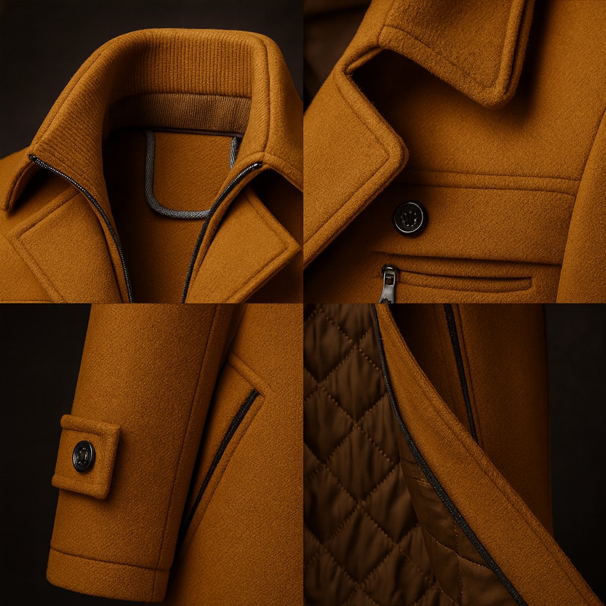 Men's Overcoat with Double Collar and Quilted Lining and Button-Front Closure