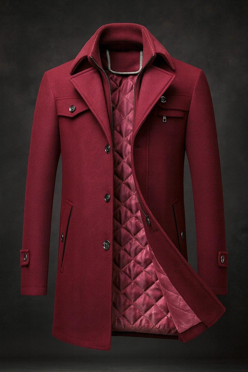 Men's Overcoat with Double Collar and Quilted Lining and Button-Front Closure