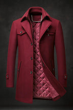 Men's Overcoat with Double Collar and Quilted Lining and Button-Front Closure