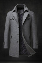 Men's Overcoat with Double Collar and Quilted Lining and Button-Front Closure