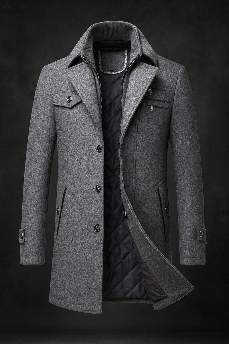 Men's Overcoat with Double Collar and Quilted Lining and Button-Front Closure