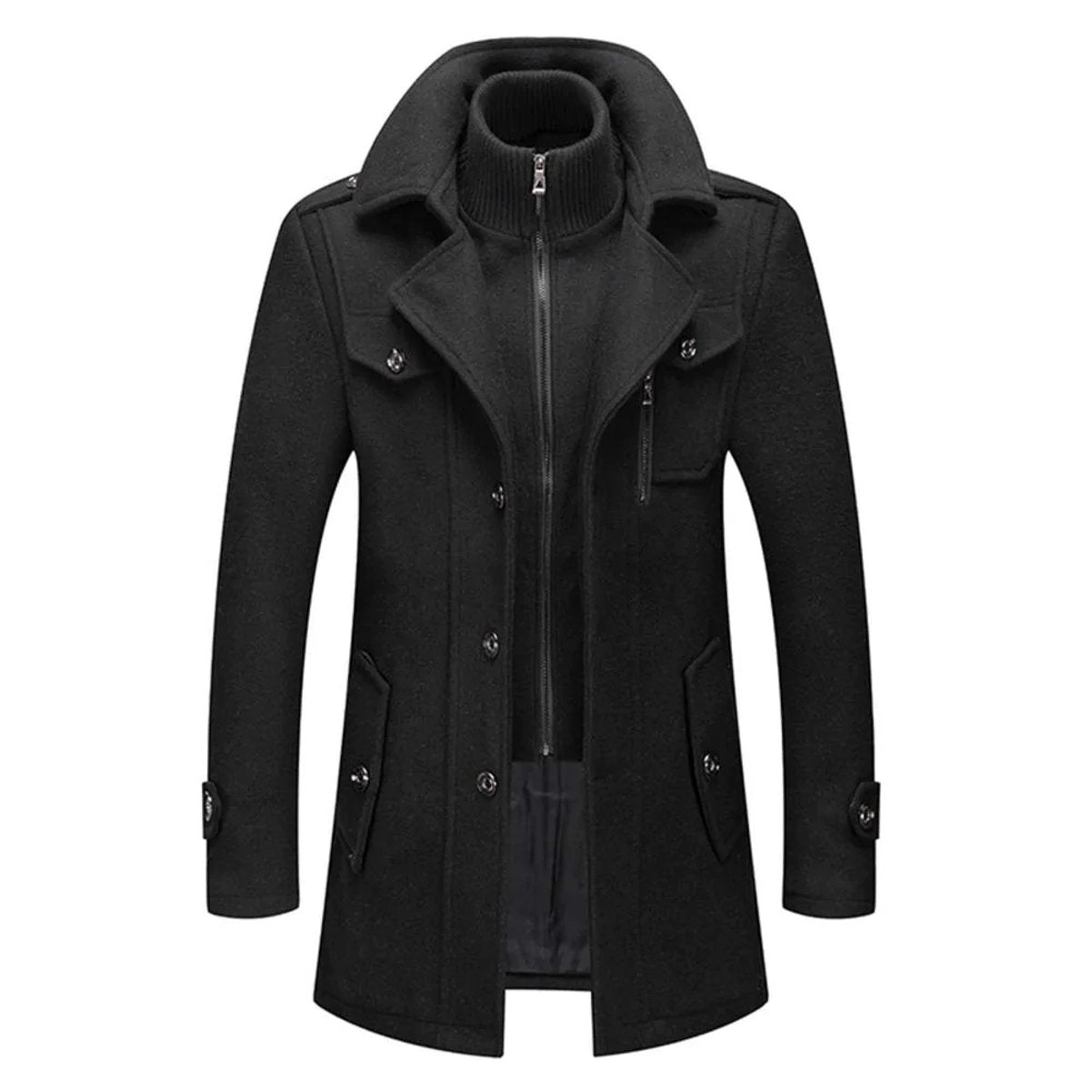 Men's Overcoat with Double-Layer Collar and Single-Breasted Button Closure