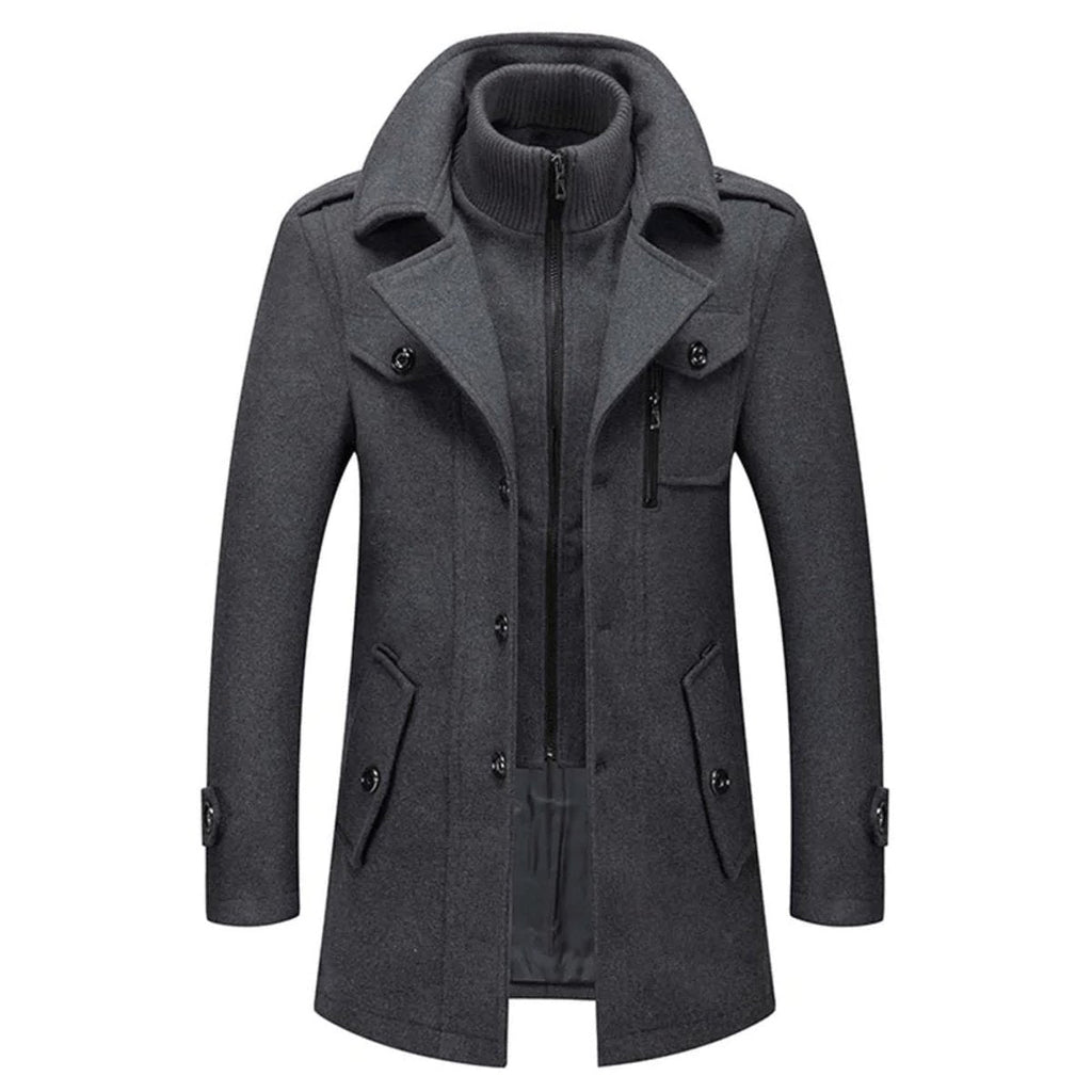 Men's Overcoat with Double-Layer Collar and Single-Breasted Button Closure
