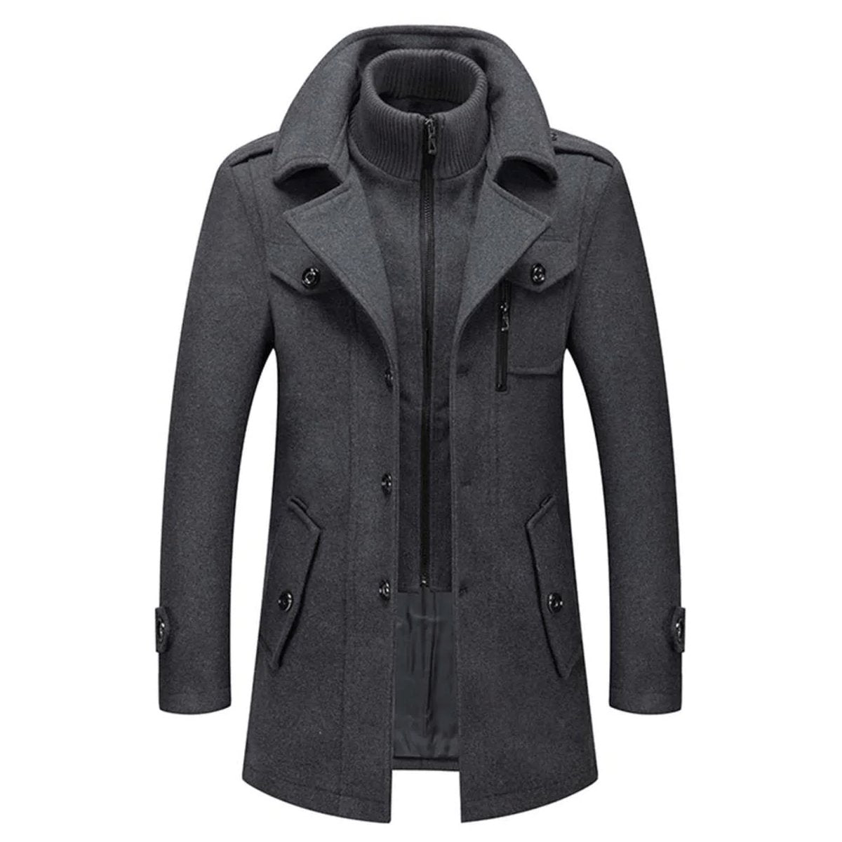 Men's Overcoat with Double-Layer Collar and Single-Breasted Button Closure