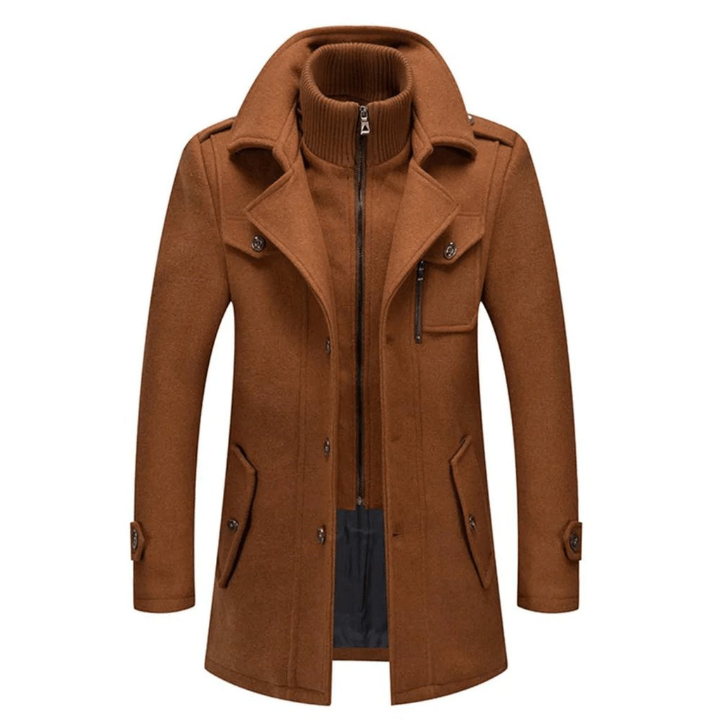 Men's Overcoat with Double-Layer Collar and Single-Breasted Button Closure