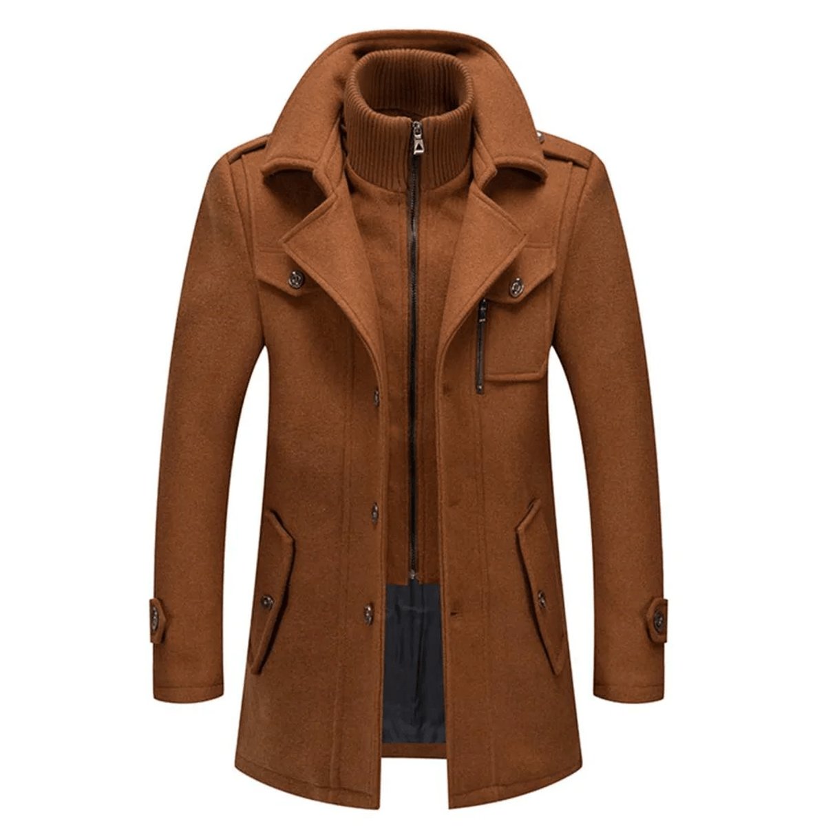 Men's Overcoat with Double-Layer Collar and Single-Breasted Button Closure