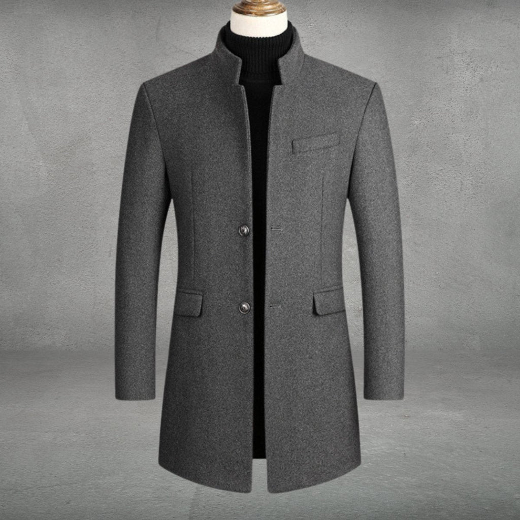 Men's Overcoat with Stand Collar and Button-Front Closure