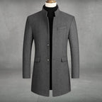 Men's Overcoat with Stand Collar and Button-Front Closure