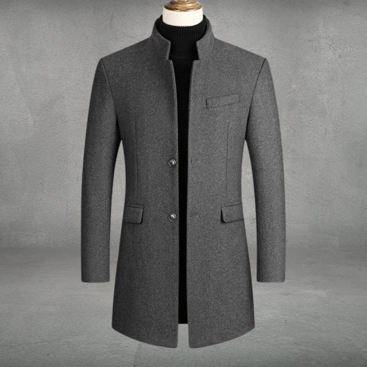 Men's Overcoat with Stand Collar and Button-Front Closure