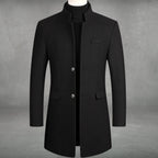 Men's Overcoat with Stand Collar and Button-Front Closure